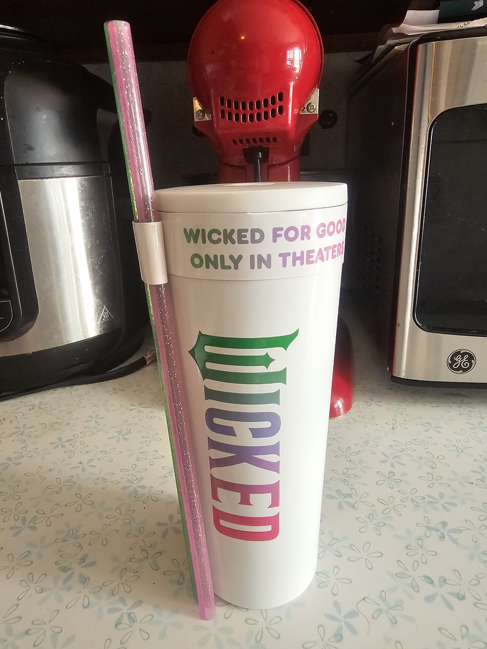 Wicked Branded White Reusable Tumbler with Pink And Green Straw
